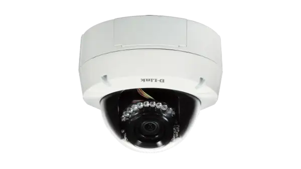 Caméra de surveillance D-Link blanche, type dôme, avec lentille et LED infrarouges visibles. Une caméra WDR pour une vision claire.
