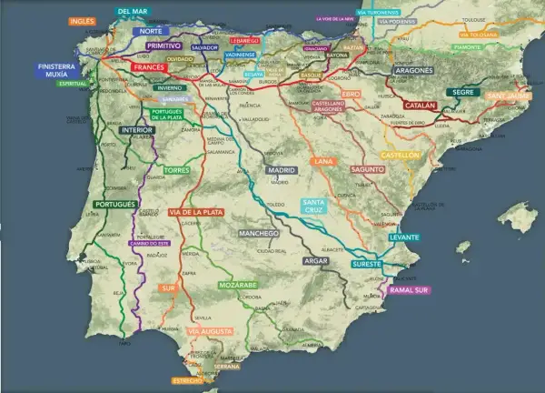 Mapa szlaków św. Jakuba z Polski do Hiszpanii. Wiele tras, m.in. Via de la Plata, Camino Portugués, Camino Francés.