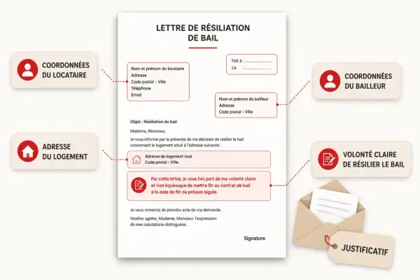 Modèle de lettre de résiliation de bail, avec champs pour les coordonnées du locataire, du bailleur et l'adresse du logement.