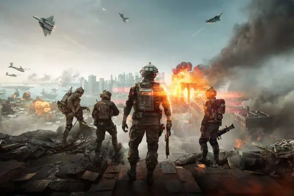 Żołnierze na tle płonącego miasta, samoloty bojowe i helikoptery w powietrzu. Scena z gry Battlefield 6.
