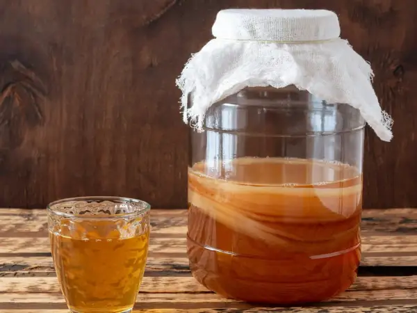 Szklanka z napojem i duży słój z warstwową kulturą SCOBY – tak wygląda domowa kombucha.