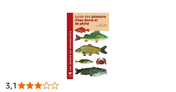 Guide des poissons d'eau douce et de pêche, illustrant un petit poisson de rivière, un perche, une carpe, un poisson-chat et un crabe.