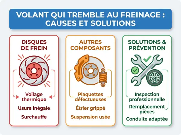 Illustration expliquant les causes du volant qui tremble au freinage : voilage, usure, surchauffe des disques, plaquettes défectueuses, étrier grippé, suspension usée. Solutions : inspection, remplacement, conduite adaptée.
