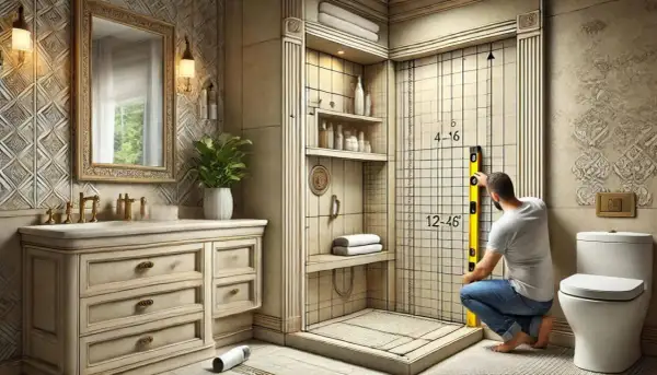 Un homme vérifie la hauteur de la niche de douche avec un niveau. La pièce est décorée dans des tons clairs et comprend un lavabo, une toilette et des étagères.