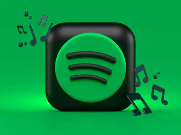 Ikona Spotify otoczona nutami muzycznymi na zielonym tle.