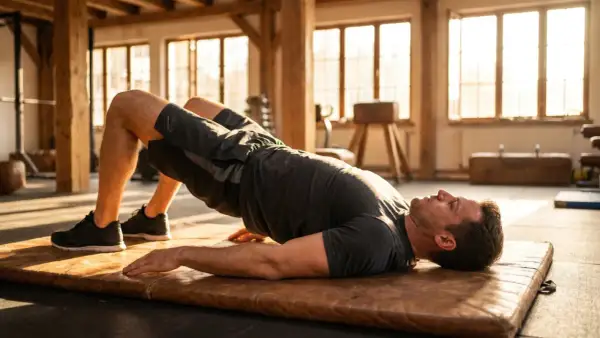 Man performing a glute bridge exercise in a sunlit gym. This exercise strengthens the glutes and hamstrings, showing the "neck bridges before after" transformation for better posture.