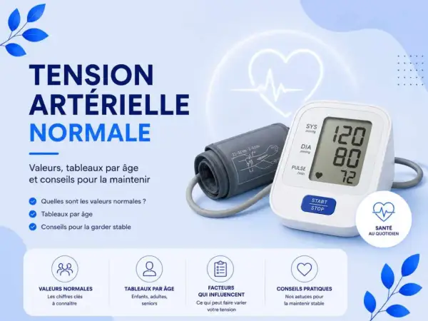 Tableau tension artérielle normale par âge, avec tensiomètre et conseils pour la maintenir.