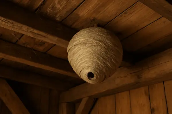 Stort getingbo hänger från träbjälkar. Kanske dags att ta bort getingbo med vatten?