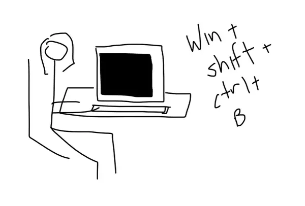 Strichmännchen am Computer. Daneben die Tastenkombination Win + Shift + Ctrl + B zum Neustart des Grafiktreibers.