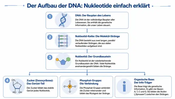 Der Aufbau der DNA: schematische Darstellung der DNA-Doppelhelix, Nukleotid-Ketten, Nukleotide und deren Bestandteile (Zucker, Phosphat, organische Base).