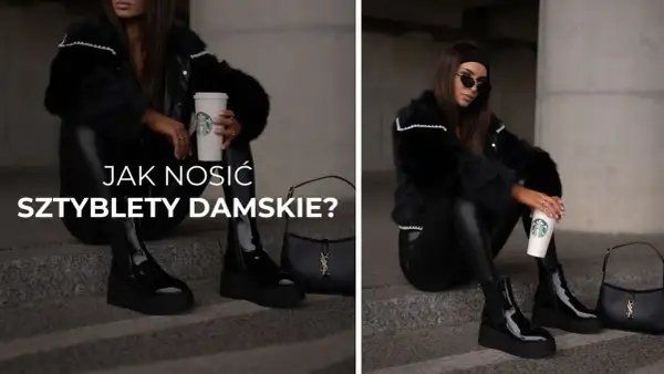 Stylowe sztyblety do sukienki – czarna, lakierowana elegancja z futrzaną kurtką i torebką.