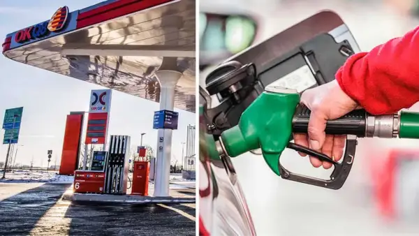 En hand håller en pump vid en OKQ8-mack. Bensinbilar framtid – en bild av dagens verklighet, men hur ser framtiden ut?