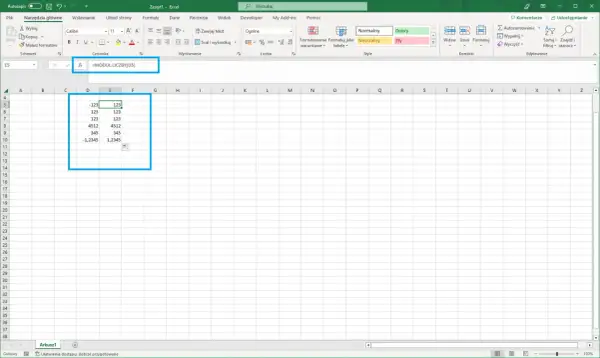 Wartość bezwzględna w Excelu: formuła =MODUŁ.LICZBY(D5) oblicza wartość bezwzględną liczby z komórki D5.
