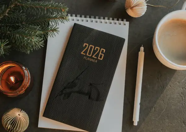 Planer 2026, świeca, kawa i gałązka choinki. Zastanawiasz się, czy jest podatek od darowizny?