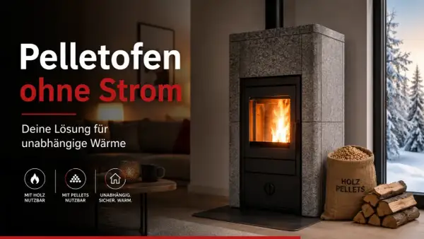 Moderner Pelletofen, der ohne Strom funktioniert. Ideal für unabhängige Wärme, auch bei Stromausfall. Holz und Pellets als Brennstoff.