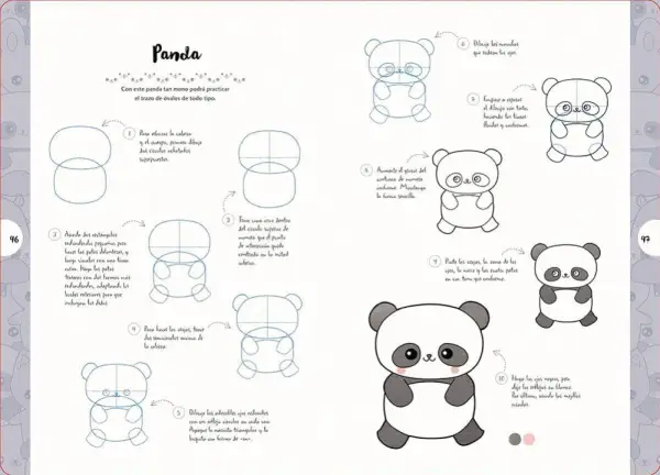 Guía paso a paso para dibujar adorables dibujos cuquis kawaii de pandas.