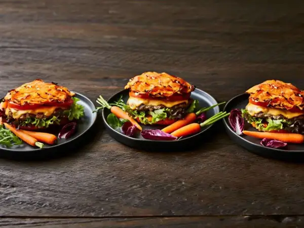 Drei appetitliche Hamburger mit Pommes, garniert mit Karotten und Radicchio auf dunklem Holztisch.