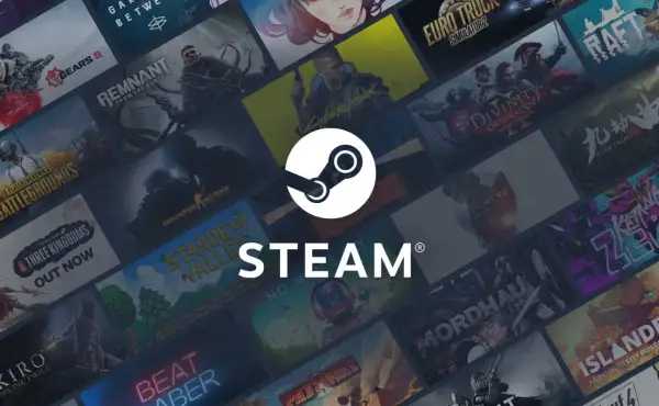 Logo Steam na tle okładek gier komputerowych.