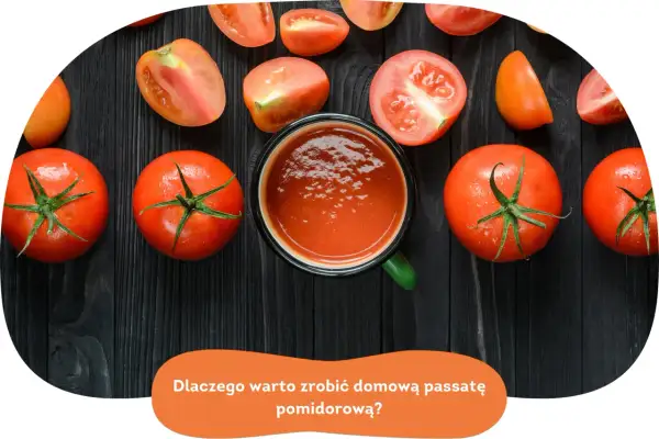 Świeże pomidory i kubek domowej passaty pomidorowej. Poznaj przepis na najlepszą passatę!
