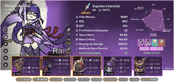 Raiden Shogun z bronią "Niebiański Kłuj" (Espinha Celestial), jej statystyki i artefakty.