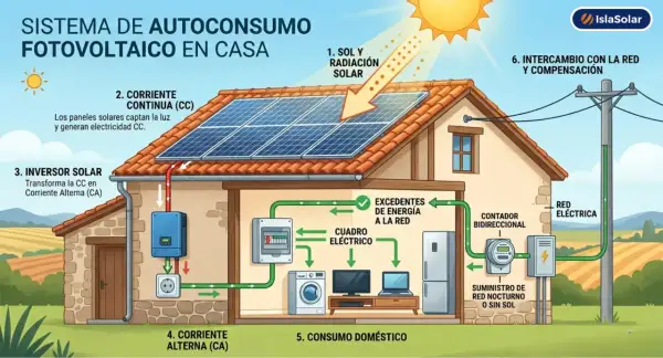 Diagrama de un sistema de autoconsumo fotovoltaico en una casa. El sol alimenta paneles solares, que generan electricidad CC. Un inversor la transforma en CA para el consumo doméstico, con intercambio a la red.