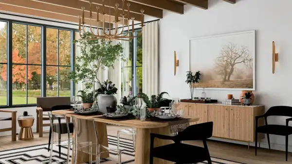 A modern dining room with a large picture of a tree. This image offers inspiration on how to hang a picture to enhance your home decor.