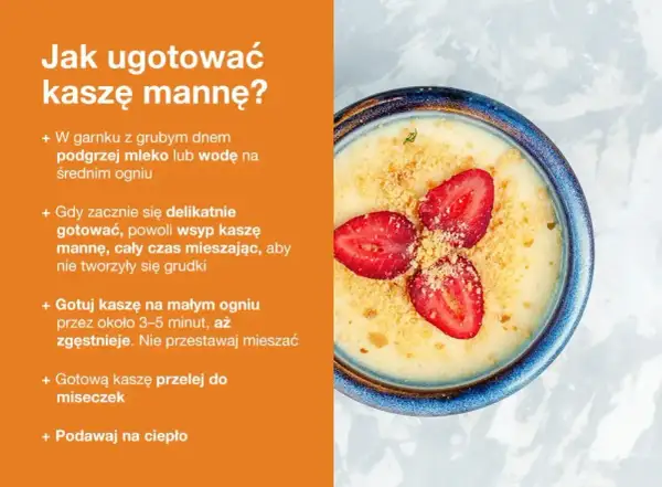 Miseczka kremowej kaszy manny na mleku, udekorowana truskawkami i okruszkami. Idealne proporcje kaszy manny na mleku dla pysznego śniadania.