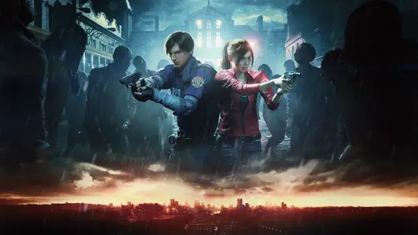 Leon i Claire walczą z hordą zombie w deszczową noc. To mroczna scena z Resident Evil seria.