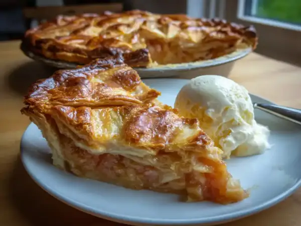 En bit gyllene, gammaldags rabarberpaj med en kula vaniljglass. Pajen har ett flagnande, krispigt skal och en fyllning av rabarber.