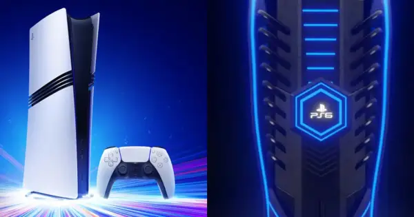 Konsola PS5 i kontroler DualSense na tle niebieskiego gradientu z kolorowymi smugami światła. Obok widoczny fragment futurystycznej obudowy z podświetlanym logo PS6. Premiera PS5.