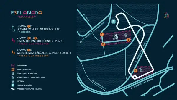 Mapa Esplanady w Szklarskiej Porębie. Wskazuje wejścia, parking, górny plac z atrakcjami i tor Alpine Coaster.
