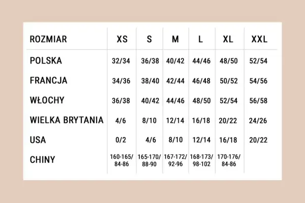 Tabela rozmiarów: polskie 32/34, francuskie 34/36, włoskie 36/38, brytyjskie 4/6, USA 0/2, chińskie 160-165/84-86. Jaki to rozmiar?
