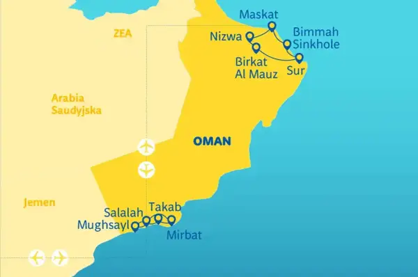 Mapa pokazuje, gdzie leży Oman, z zaznaczonymi miastami: Maskat, Nizwa, Sur, Salalah i innymi.
