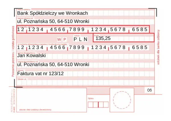 Potwierdzenie wpłaty gotówki na kwotę 135,25 PLN dla Jana Kowalskiego, tytułem Faktura vat nr 123/12.