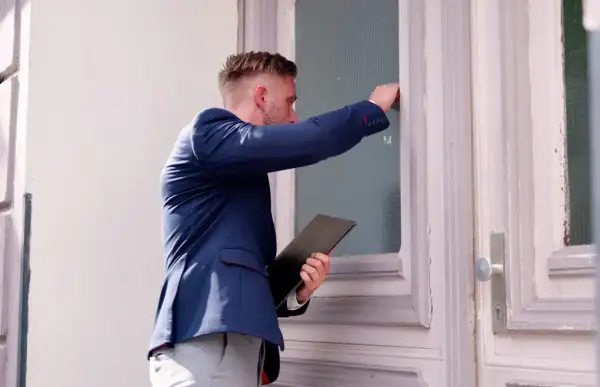 Mężczyzna w garniturze puka do drzwi, trzymając teczkę. Czy to komornik? Zastanawiasz się, ile może zabrać komornik?