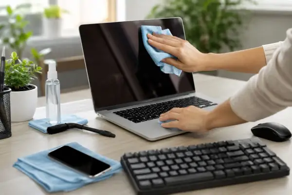 Dłonie czyszczą ekran laptopa niebieską ściereczką. Na biurku stoją płyn dezynfekujący, szczoteczka i telefon.