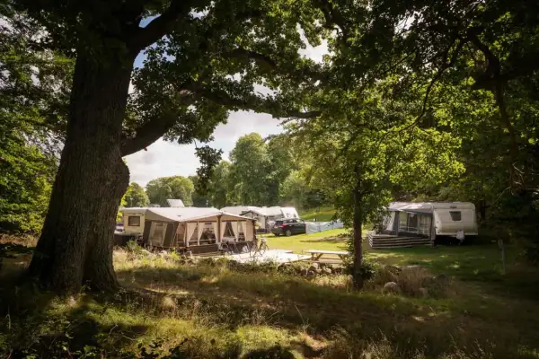 En lugn campingplats i Skönstavik med husvagnar och förtält under stora träd.