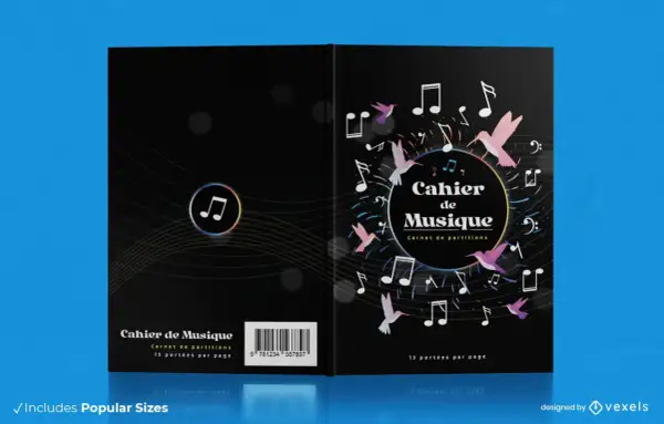 Portadas para música con notas musicales y colibríes. Un cuaderno de partituras con diseño vibrante.