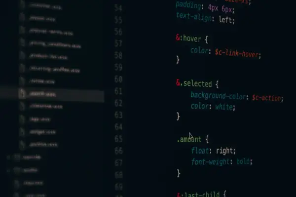 Kod CSS w edytorze, widać plik "search.scss" i reguły dla :hover, .selected i .amount.