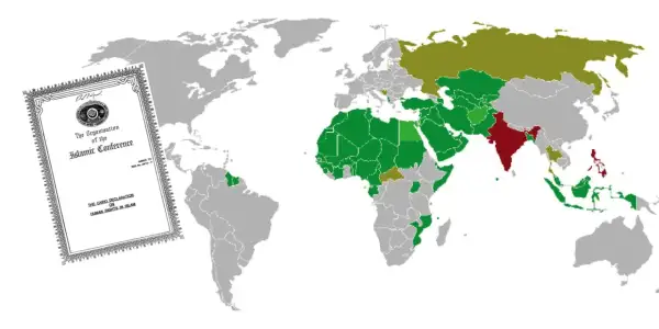 Världskarta visar länder med olika färger, med en text som nämner "The Cairo Declaration on Human Rights in Islam", vilket kan relateras till sharia lagar.
