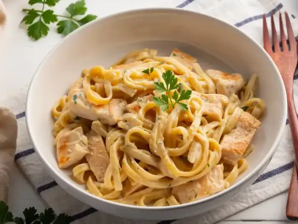 Pyszne fettuccine z kurczakiem w kremowym sosie, posypane natką pietruszki. Idealne danie, gdy zastanawiasz się, co to pelati.