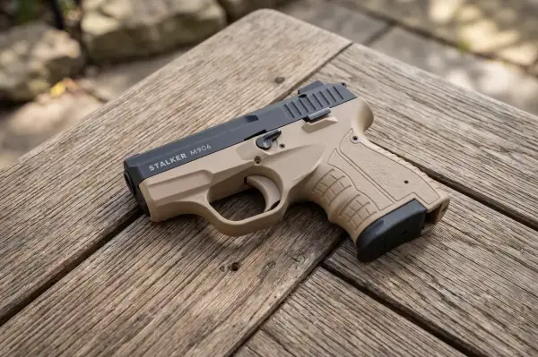 Beżowa broń pneumatyczna Stalker M906 leży na drewnianym stole.