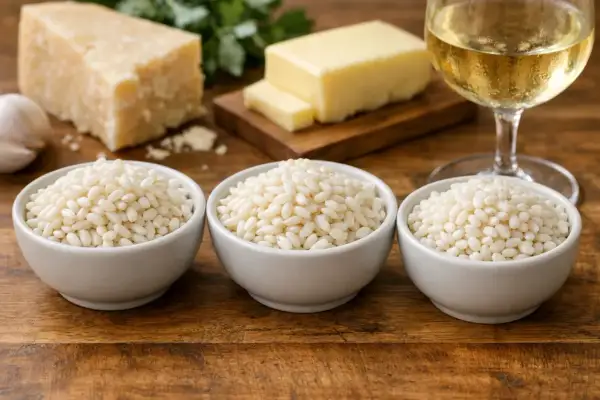 Trois bols de riz Arborio, parfaits pour une recette risotto crémeuse, avec du parmesan, du beurre, de l'ail et un verre de vin blanc.