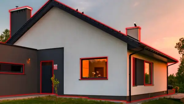 Maison moderne avec contours rouges. Une porte sombre, des fenêtres éclairées. Idéal pour choisir son alarme et sécuriser son domicile.