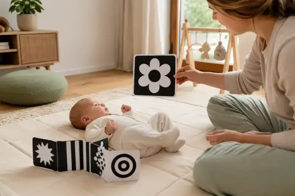 Niemowlę z zaciekawieniem ogląda czarno-białe karty kontrastowe, które pokazuje mu mama. Zabawki kontrastowe od kiedy są tak ważne dla rozwoju wzroku maluszka!