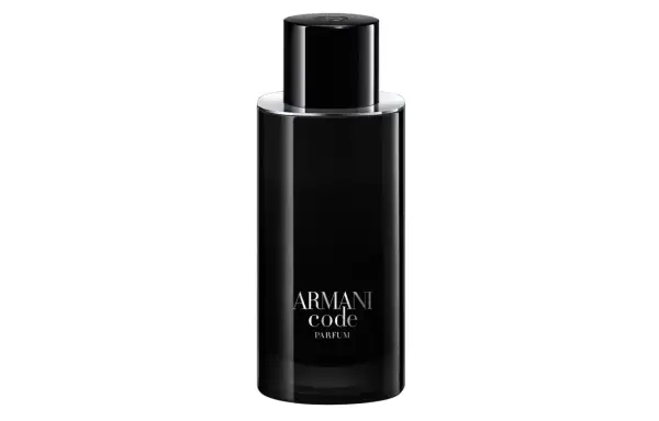 Elegancka, czarna butelka perfum Armani Code Parfum.