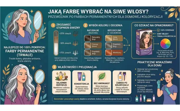 Jak farbować siwe włosy? Przewodnik po farbach permanentnych. Wybierz odcień, sprawdź opakowanie i ciesz się trwałym kolorem.