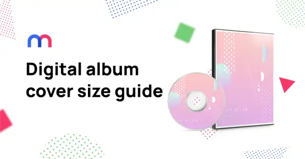 Guía de tamaño de portada de álbum digital. Un CD y su estuche, con un diseño abstracto degradado rosa y morado.