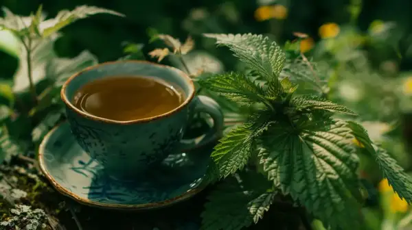 Herbatka z pokrzywy, która na co pomaga, w filiżance wśród zieleni.