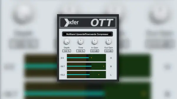 Xfer Records OTT multiband compressor interface. Controls for Depth, Time, In Gain, and Out Gain are visible.